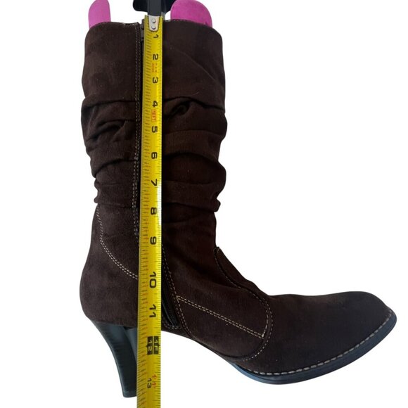 Predictions Womens 11 High Heel Brown Suede Slouchy Boots Mid Calf Boho Hippie - Picture 15 of 16